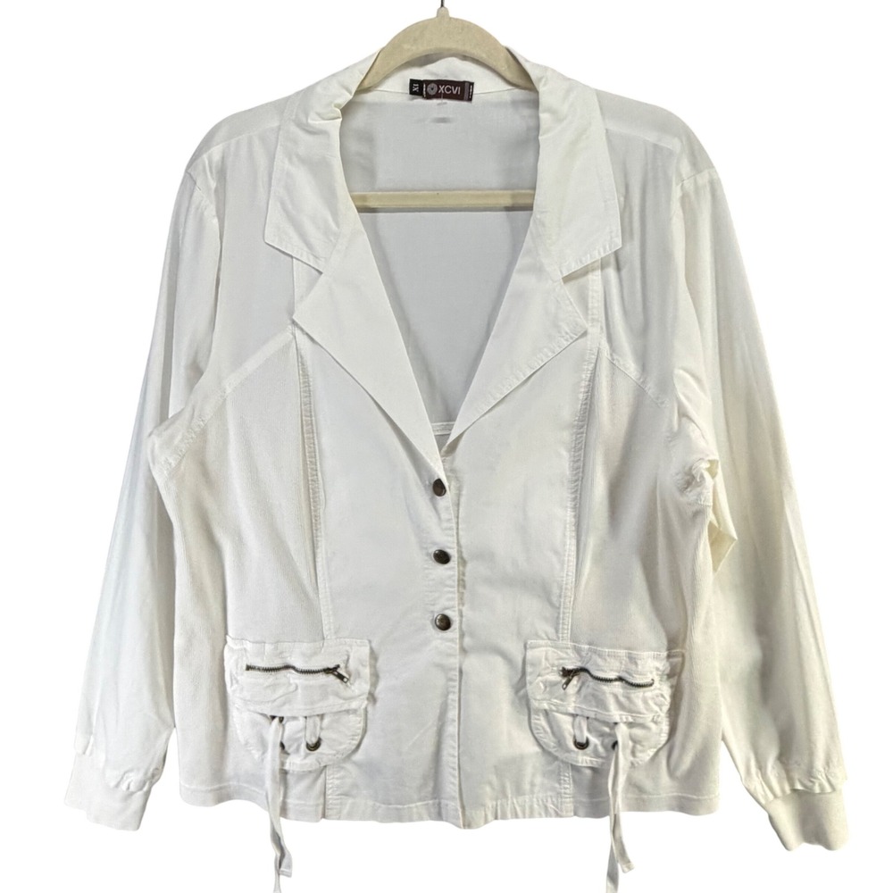 XCVI White Utility Jacket Womens 1X White Lightweight Ruched Drawstring Casual